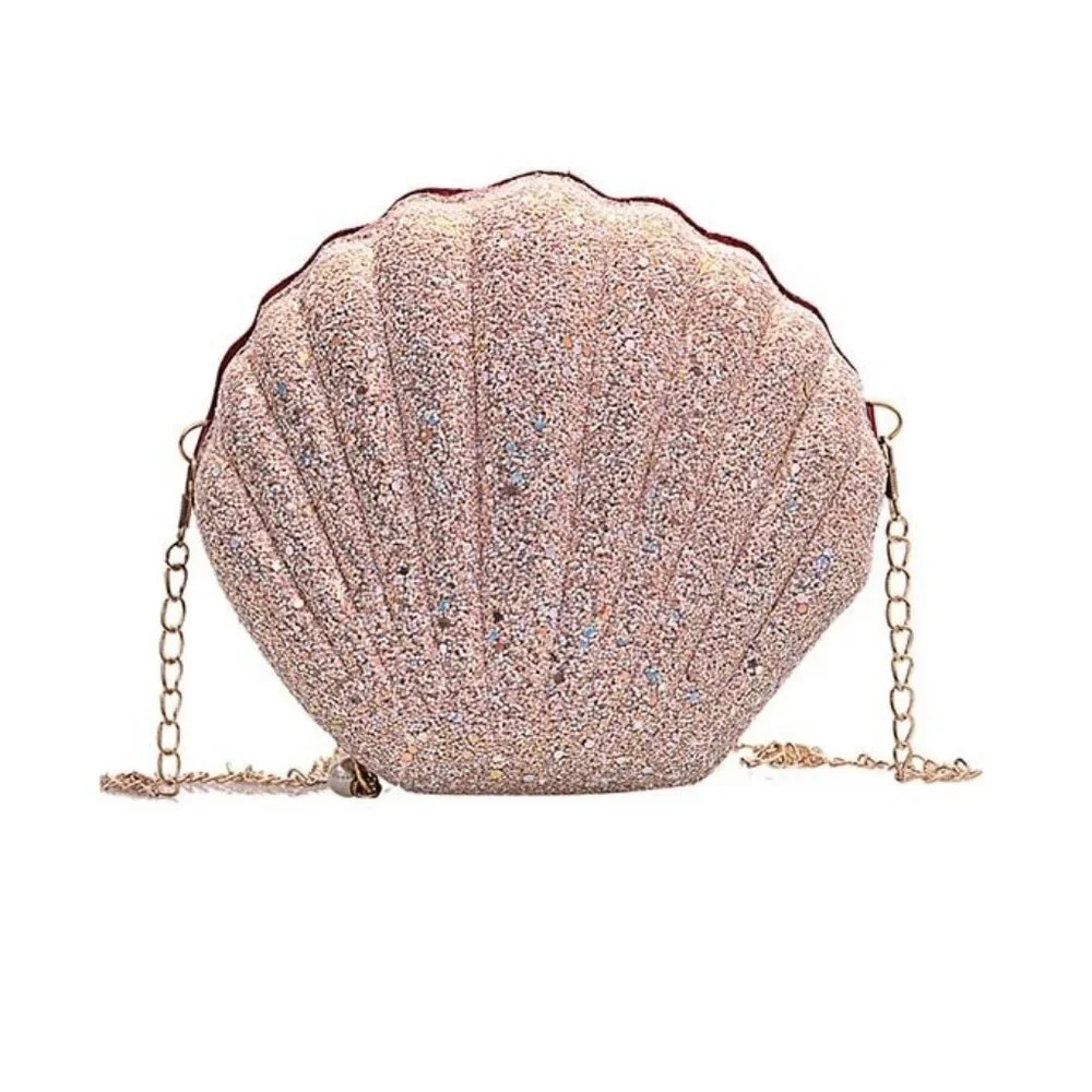 Pink Glitter Shell Crossbody Bag with Gold Chain